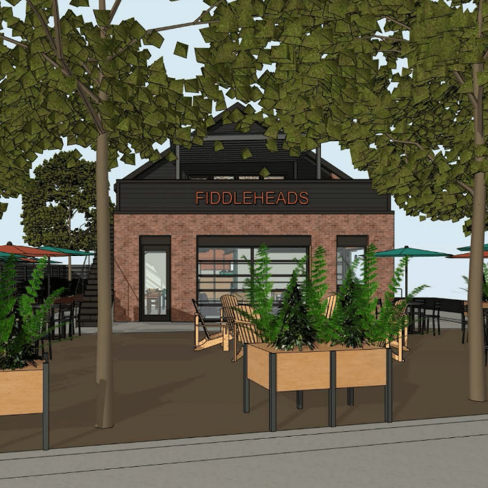 Exterior image of a design plan for a coffee company location, Fiddleheads.